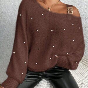 Coffee Brown Casual Women's Fuzzy Oblique Shoulder Beaded Sweater